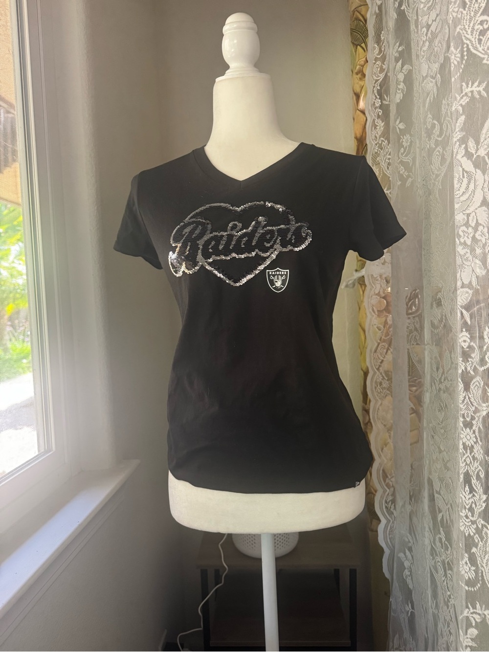 Black Raiders Sequin Heart V-Neck Tee
